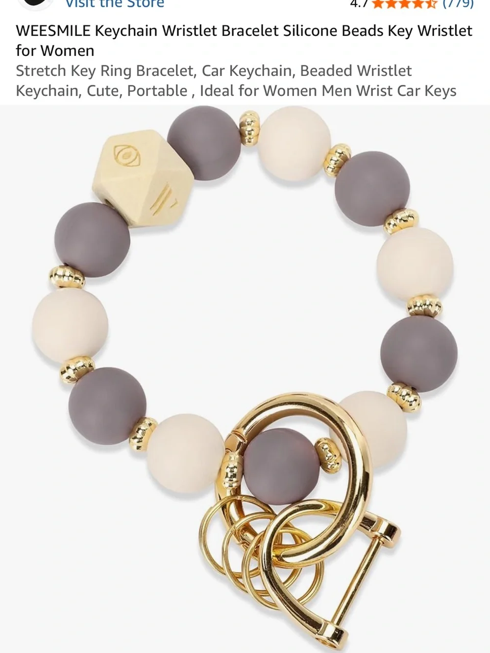 Gray & White Beaded Wristlet Keychain with Gold Accents